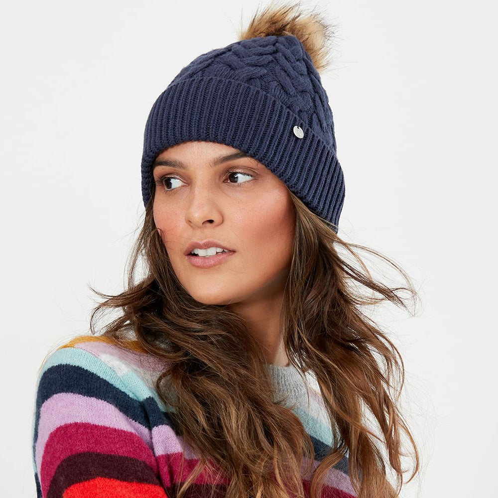 Joules Hats Elena Cable Knit Faux Fur Pom Bobble Hat - Navy Blue