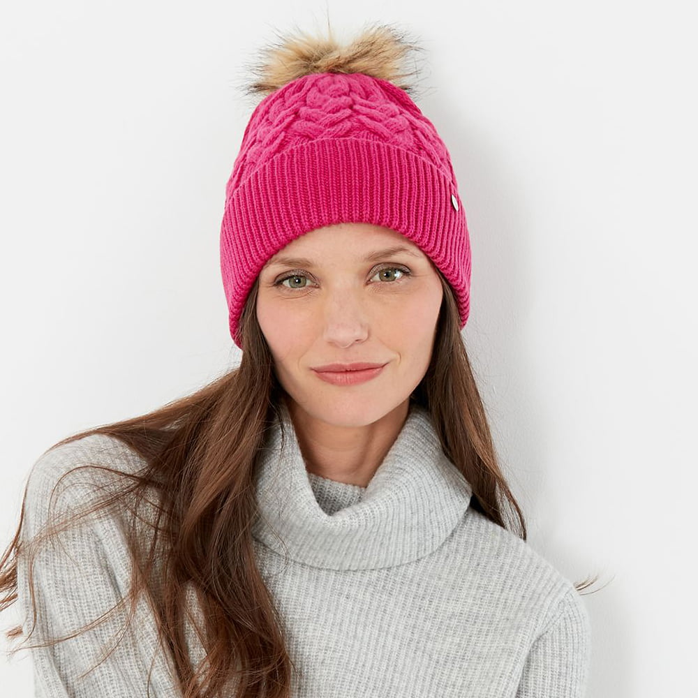 Joules Hats Elena Cable Knit Faux Fur Pom Bobble Hat - Pink