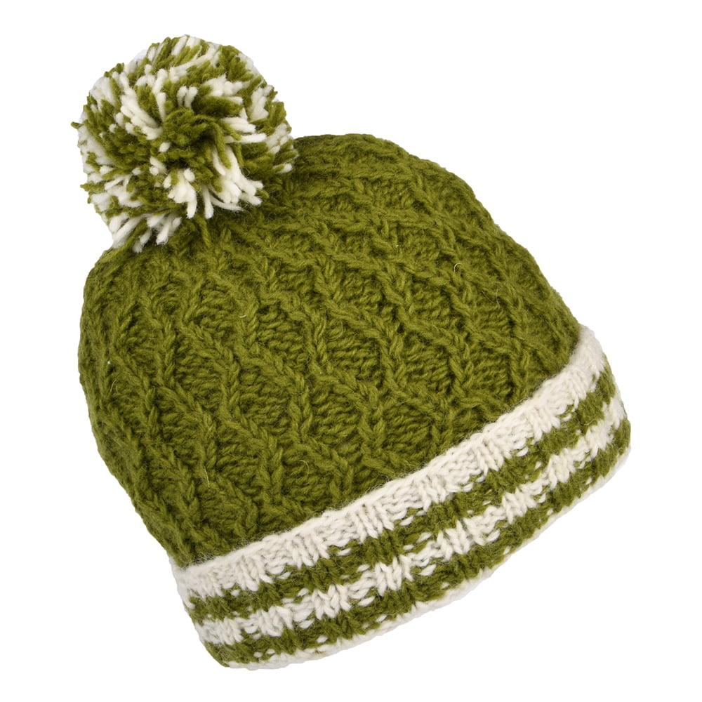 Kusan Diamond Knit Striped Cuff Bobble Hat - Olive