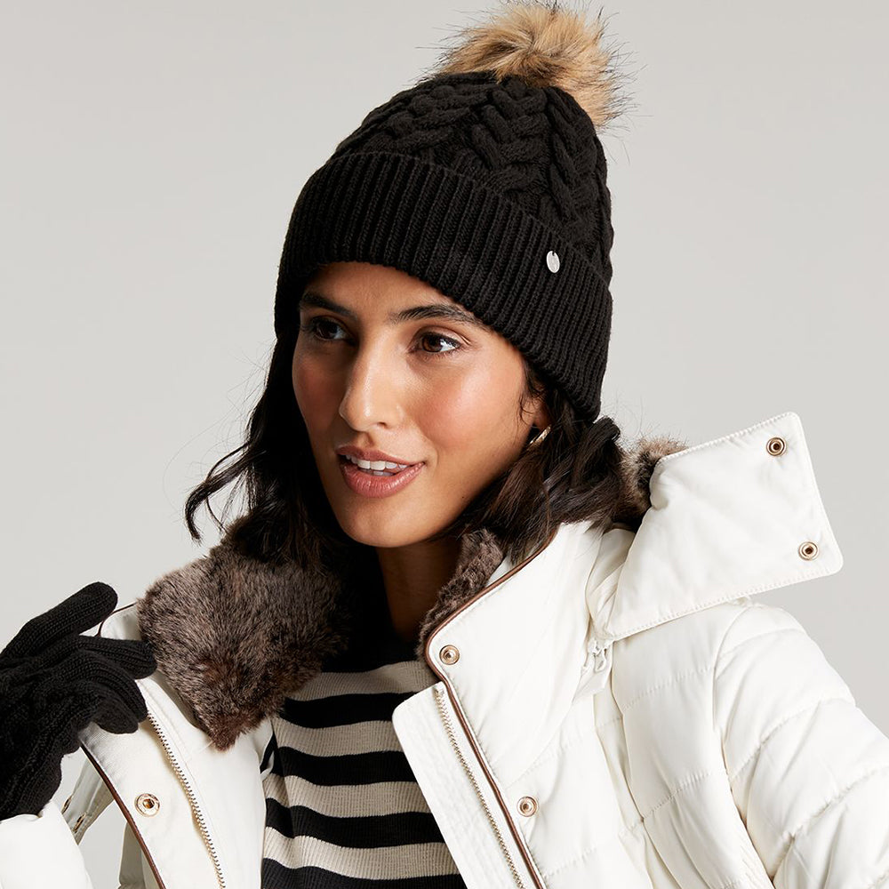Joules Hats Elena Cable Knit Faux Fur Pom Bobble Hat - Black