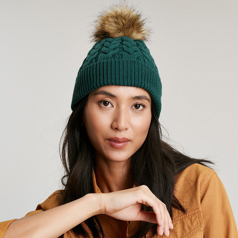 Joules Hats Elena Cable Knit Faux Fur Pom Bobble Hat - Teal