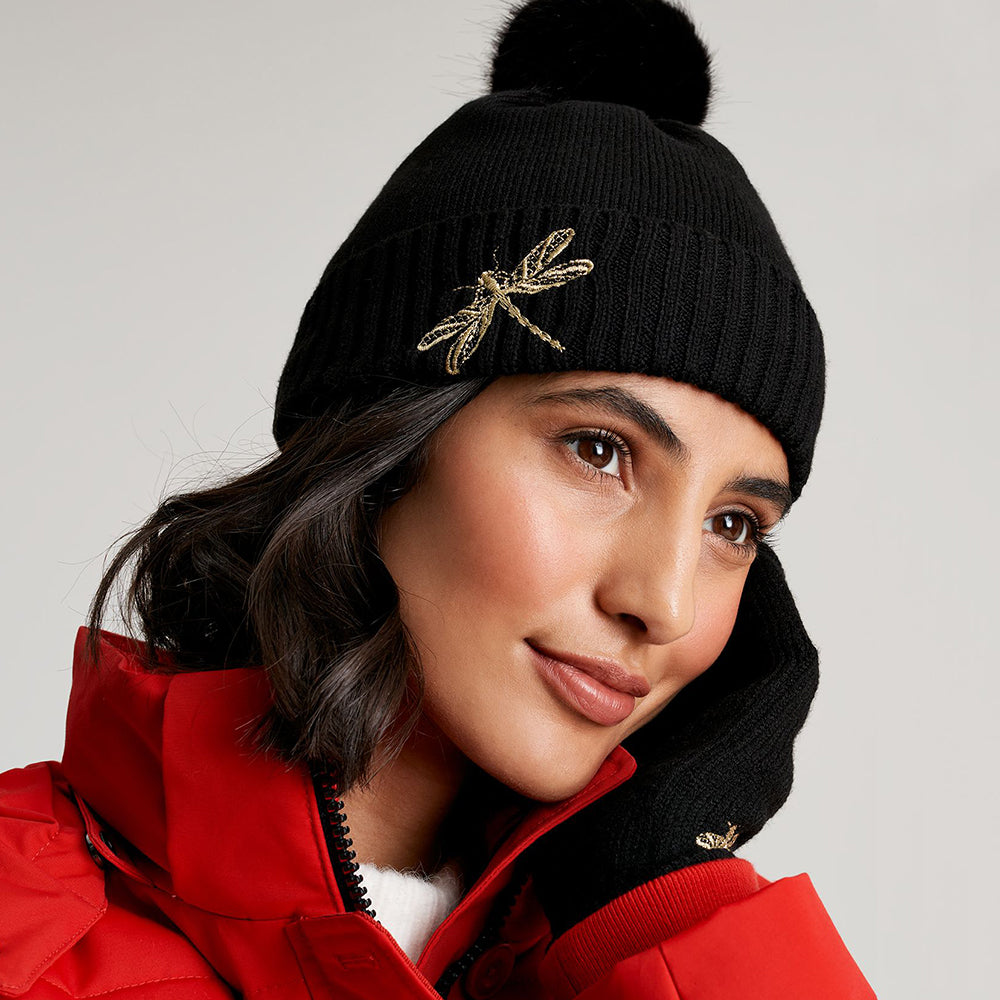 Joules Hats Stafford Dragonfly Bobble Hat - Black