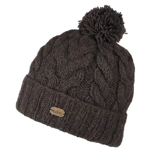 Kusan Cable Knit Turn Up Recycled Bobble Hat - Plum-Grey