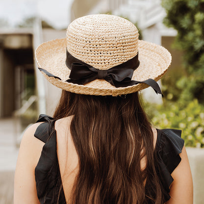 Scala Hats Crocheted Organic Raffia Straw Sun Hat With Black Band - Natural