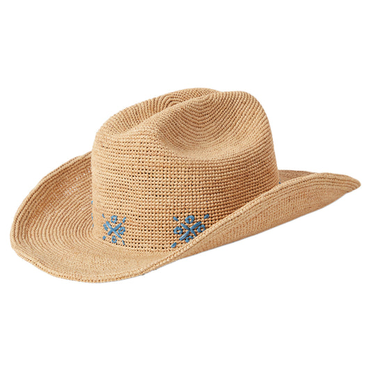 Brixton Hats Odessa Crocheted Raffia Straw Cowboy Hat - Tan-Blue