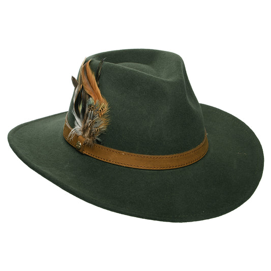 Failsworth Hats Showerproof Wool Felt Outback Hat with Feathers - Olive