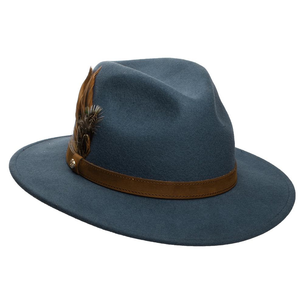 Failsworth Hats Showerproof Wool Felt Fedora Hat with Feathers - Slate Blue