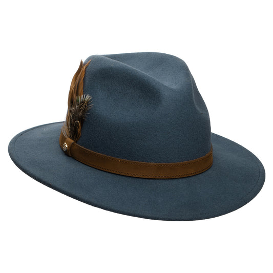Failsworth Hats Showerproof Wool Felt Fedora Hat with Feathers - Slate Blue