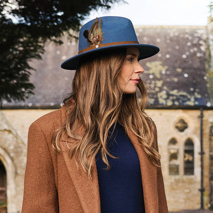 Failsworth Hats Showerproof Wool Felt Fedora Hat with Feathers - Slate Blue