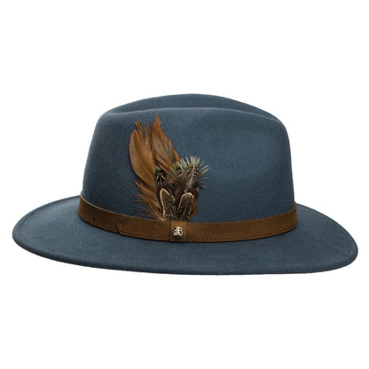 Failsworth Hats Showerproof Wool Felt Fedora Hat with Feathers - Slate Blue
