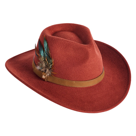 Failsworth Hats Showerproof Wool Felt Outback Hat with Feathers - Rust
