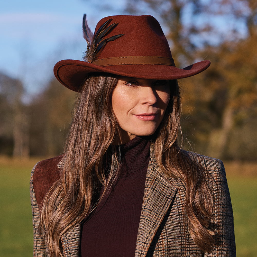 Failsworth Hats Showerproof Wool Felt Outback Hat with Feathers - Rust