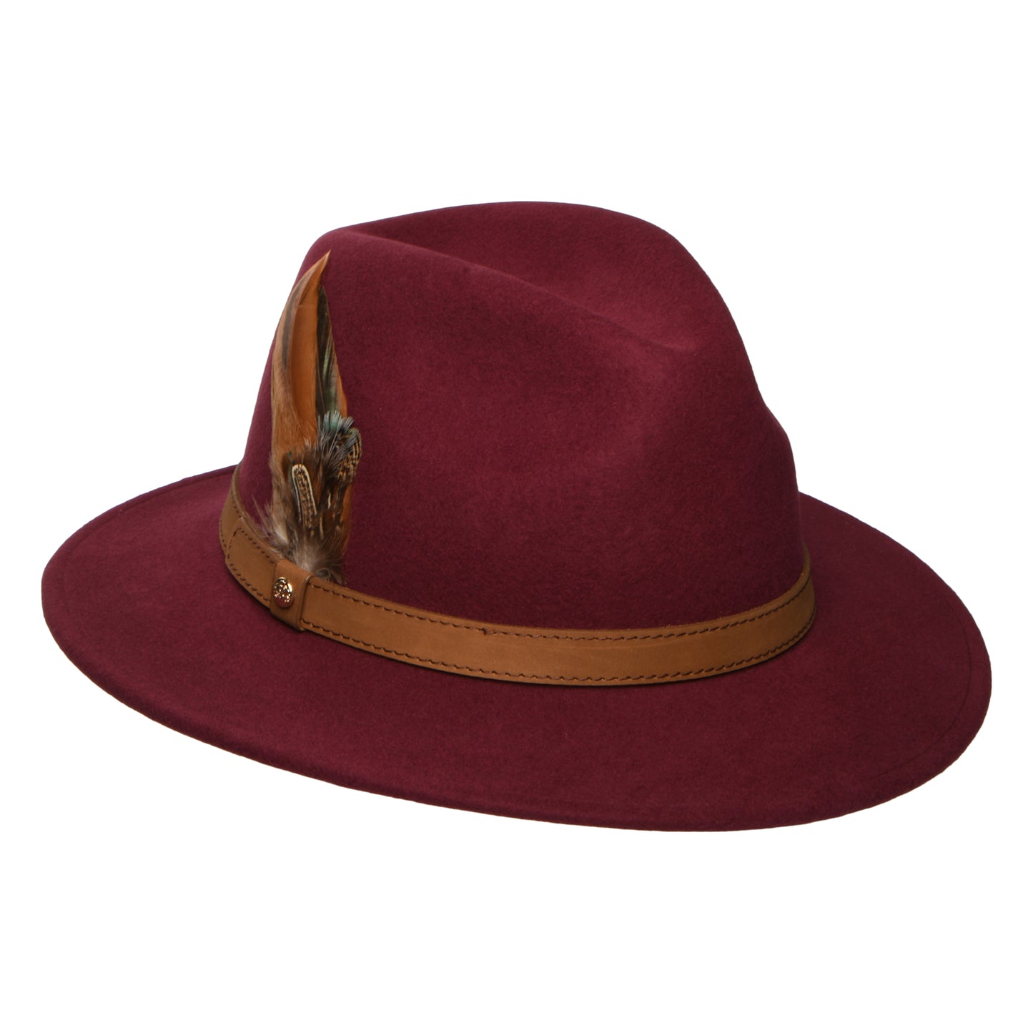 Failsworth Hats Showerproof Wool Felt Fedora Hat with Feathers - Burgundy