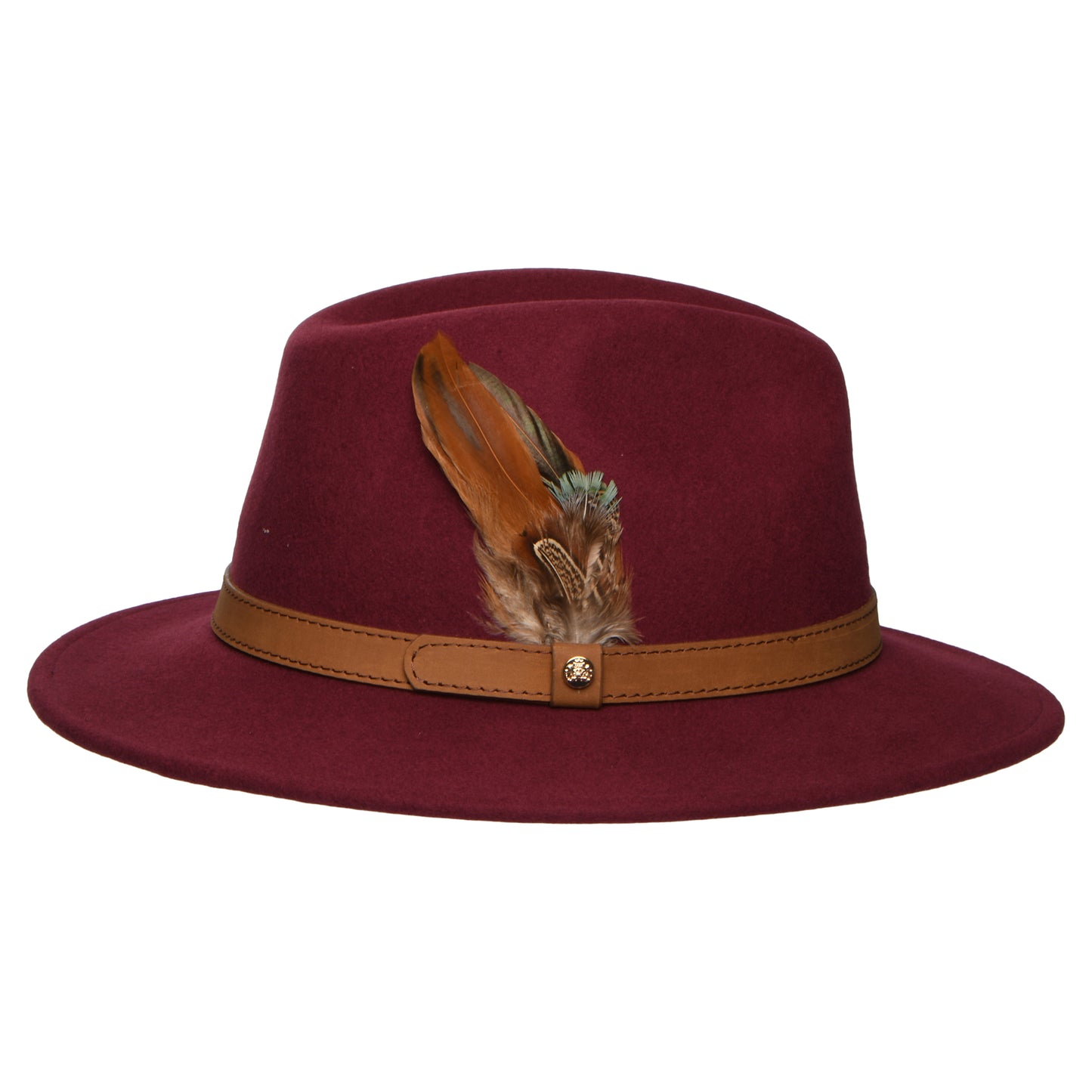 Failsworth Hats Showerproof Wool Felt Fedora Hat with Feathers - Burgundy