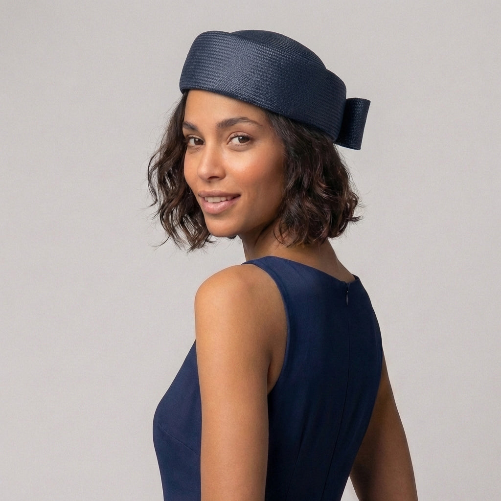 Whiteley Hats Jackie O Straw Pillbox Hat - Navy Blue