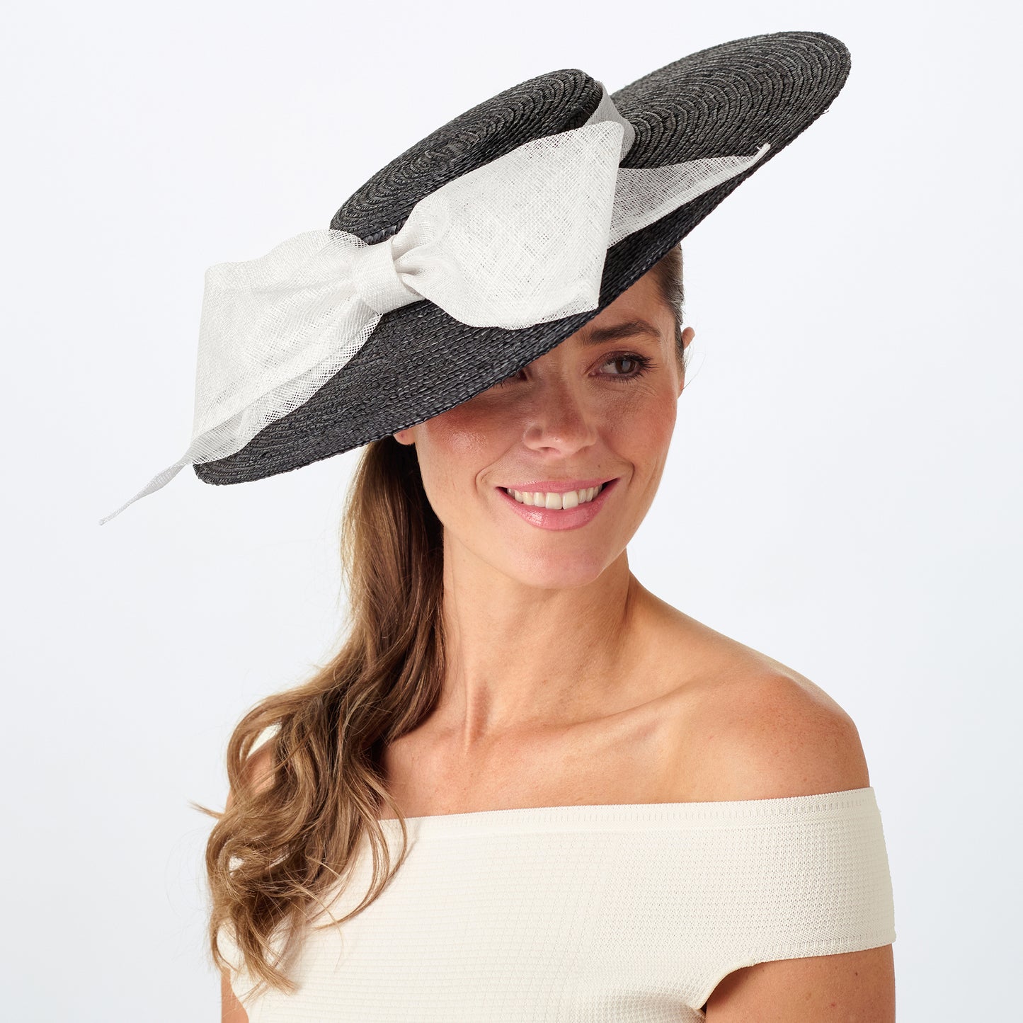 Failsworth Hats Vivian Straw Boater Hat with Bow - Black-White