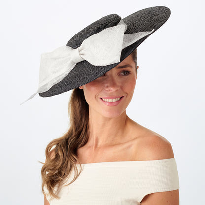 Failsworth Hats Vivian Straw Boater Hat with Bow - Black-White