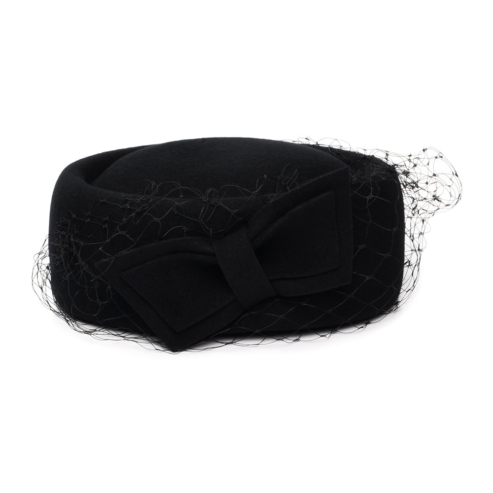 Whiteley Hats Carrie Wool Pillbox Hat with Veil - Black