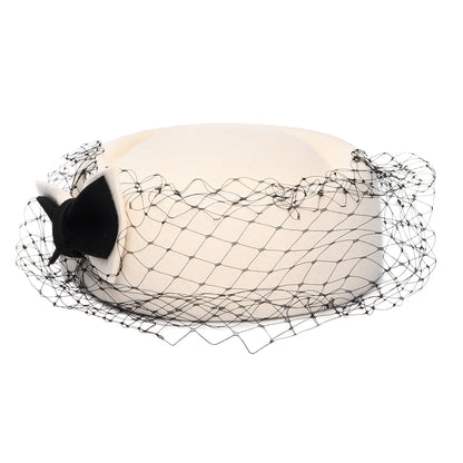 Whiteley Hats Carrie Wool Pillbox Hat with Veil - Winter White-Black