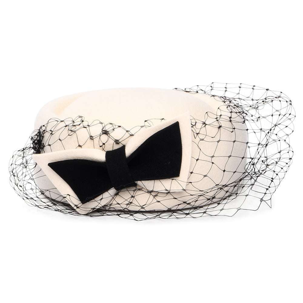 Whiteley Hats Carrie Wool Pillbox Hat with Veil - Winter White-Black