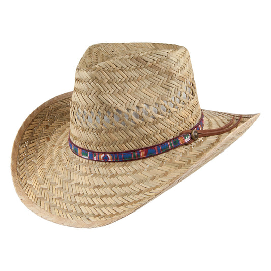 Dorfman Pacific Hats Rush Straw Outback Hat with Printed Band - Natural