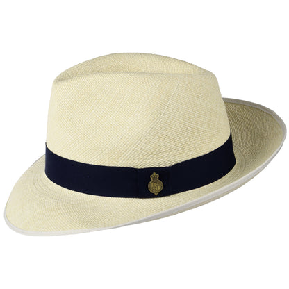 Christys Hats Classic Preset Panama Fedora Hat with Navy Band - Semi-Bleached