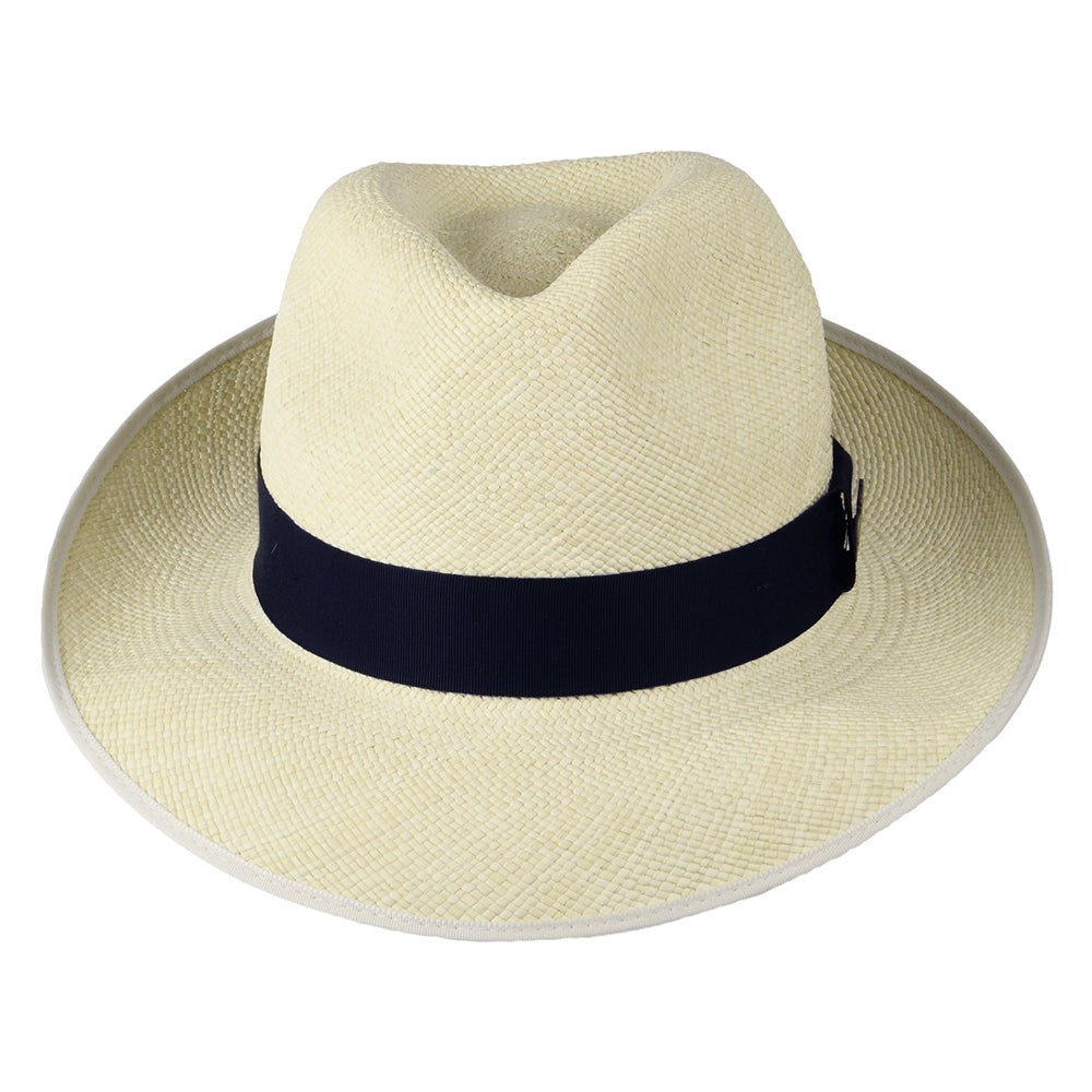 Christys Hats Classic Preset Panama Fedora Hat with Navy Band - Semi-Bleached
