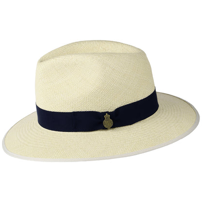 Christys Hats Superfine Downbrim Panama Fedora Hat With Navy Band - Semi-Bleached