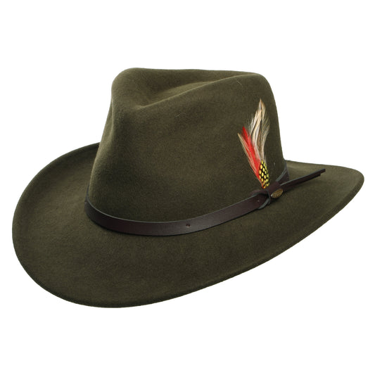 Scala Hats Dakota Crushable Water Repellent Wool Felt Outback Hat - Olive