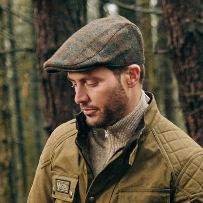 Failsworth Hats Harris Tweed Checked Oban Flat Cap with Earflaps - Olive-Rust
