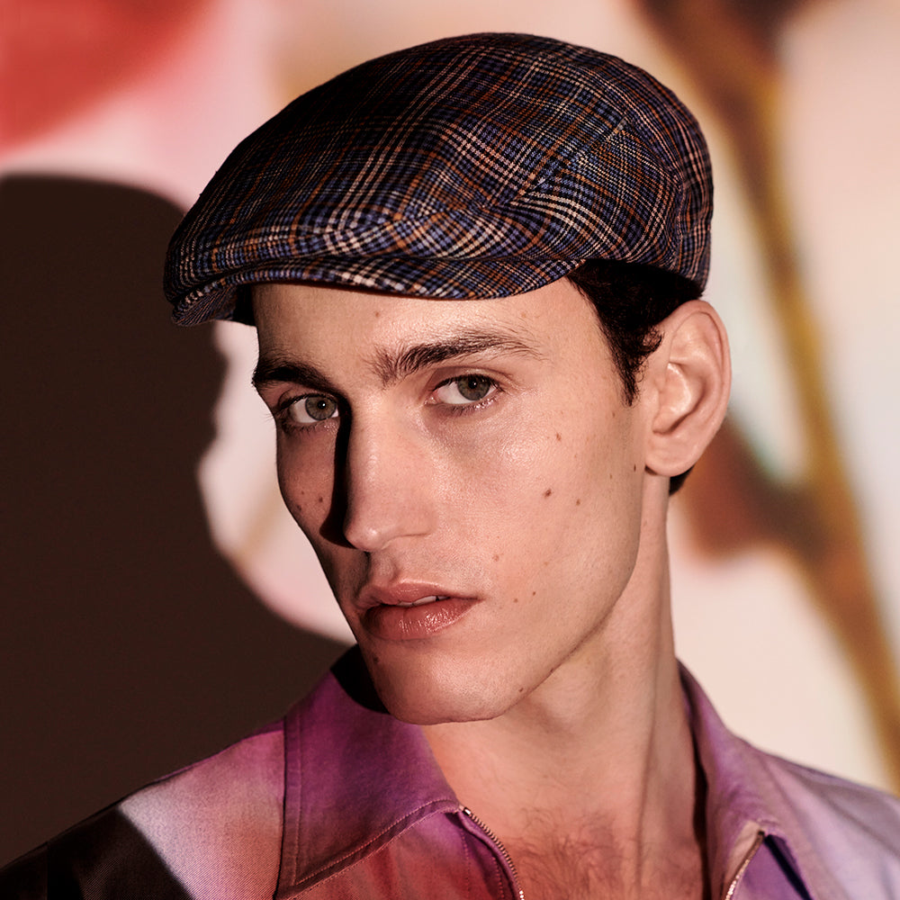 Bailey Hats Duch Plaid Linen Flat Cap - Blue-Rust