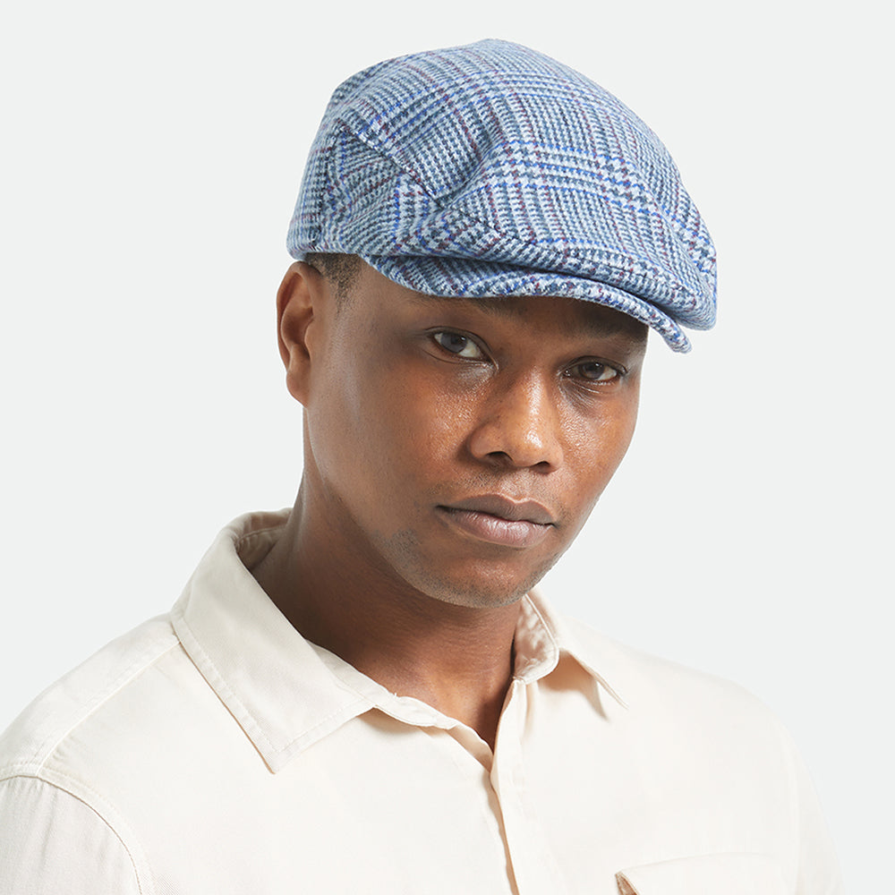 Brixton Hats Hooligan Prince Of Wales Check Lightweight Flat Cap - Ice Blue-Royal Blue