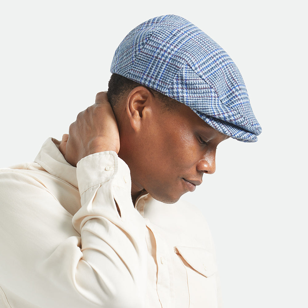 Brixton Hats Hooligan Prince Of Wales Check Lightweight Flat Cap - Ice Blue-Royal Blue