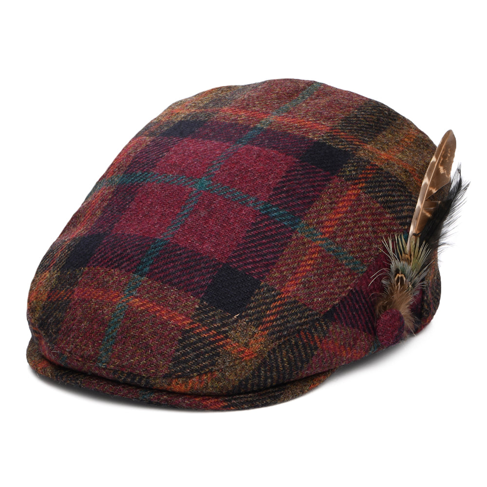 Failsworth Hats British Wool Tartan Feather Flat Cap - Damson-Multi
