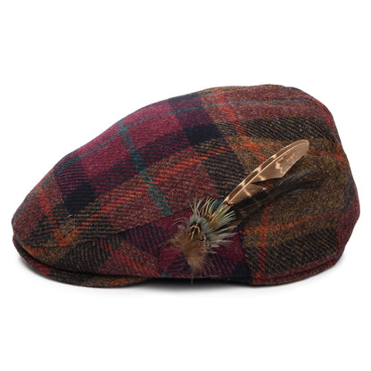 Failsworth Hats British Wool Tartan Feather Flat Cap - Damson-Multi