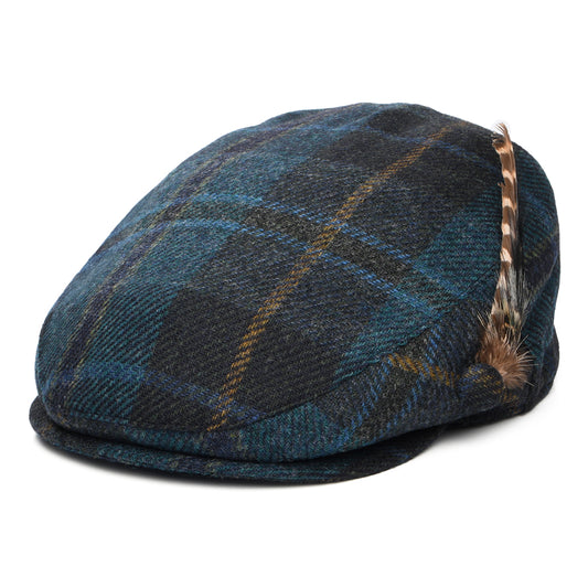 Failsworth Hats British Wool Tartan Feather Flat Cap - Cyan-Multi