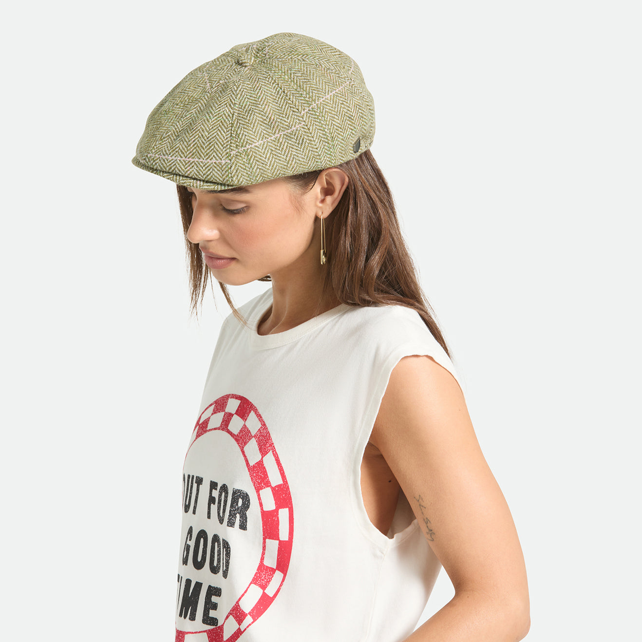 Brixton Hats Brood Herringbone Lightweight Newsboy Cap - Green-Sand-Pink