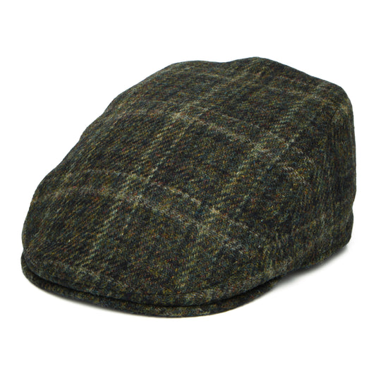 Failsworth Hats HARRIS TWEED Windowpane Oban Flat Cap with Earflaps - Dark Moss