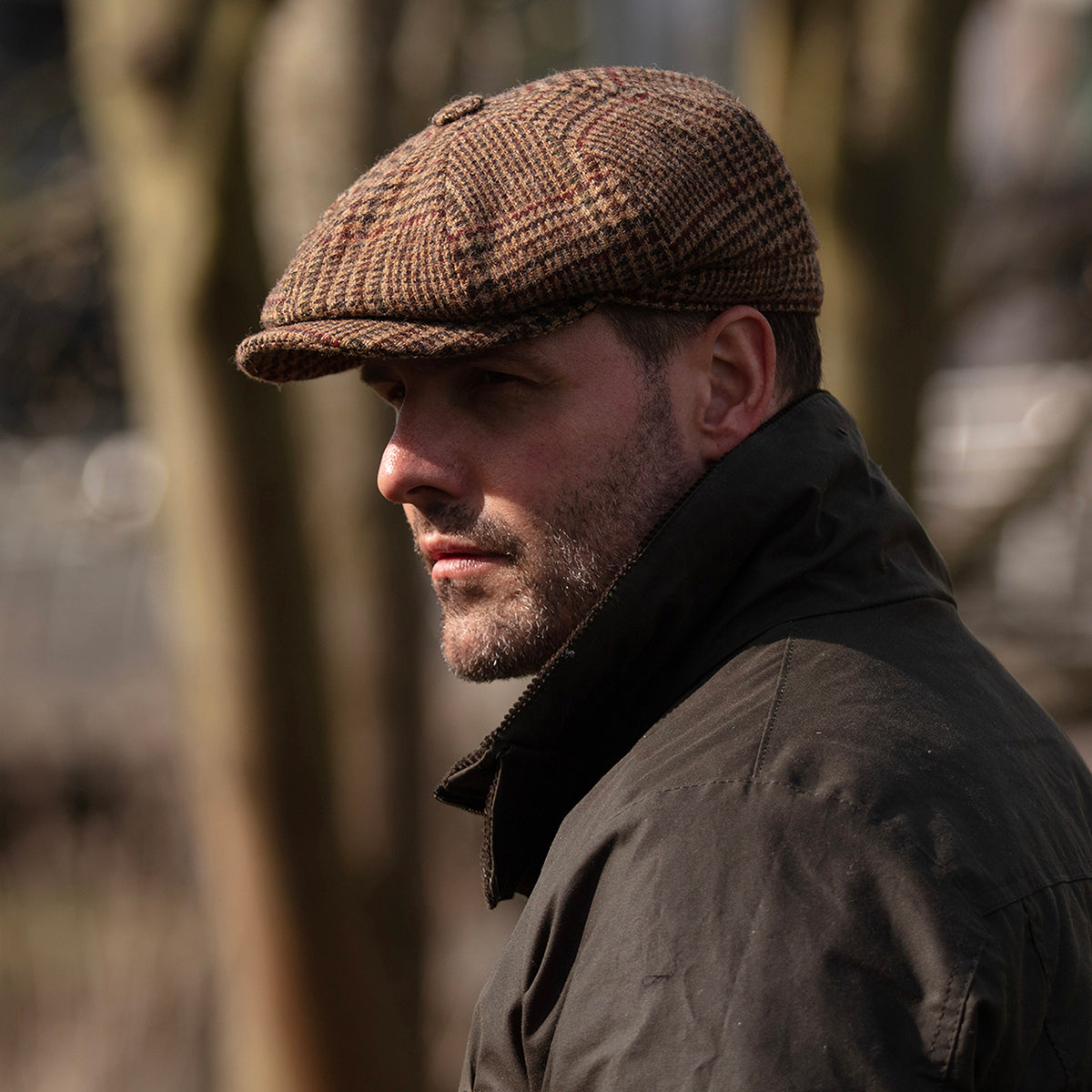 Christys Hats Field Heritage Gun Check British Wool Newsboy Cap - Brown