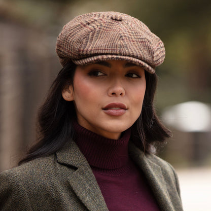 Christys Hats Field Heritage Gun Check British Wool Newsboy Cap - Brown