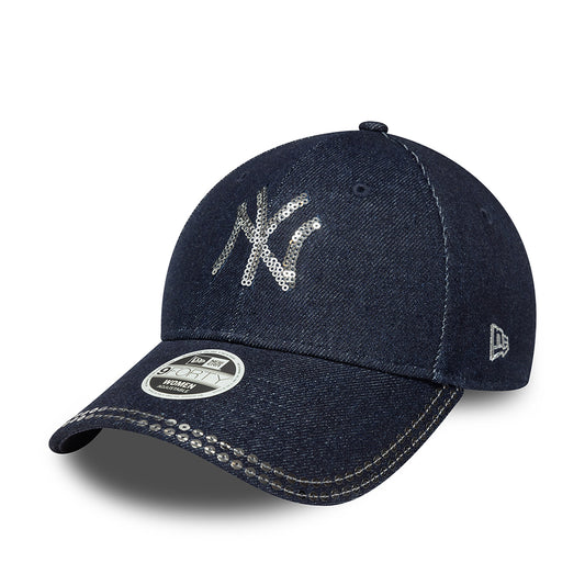 New Era Womens 9FORTY New York Yankees Baseball Cap - MLB Sequin Denim - Dark Blue