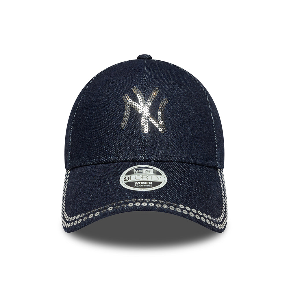 New Era Womens 9FORTY New York Yankees Baseball Cap - MLB Sequin Denim - Dark Blue
