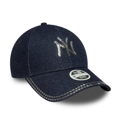 New Era Womens 9FORTY New York Yankees Baseball Cap - MLB Sequin Denim - Dark Blue
