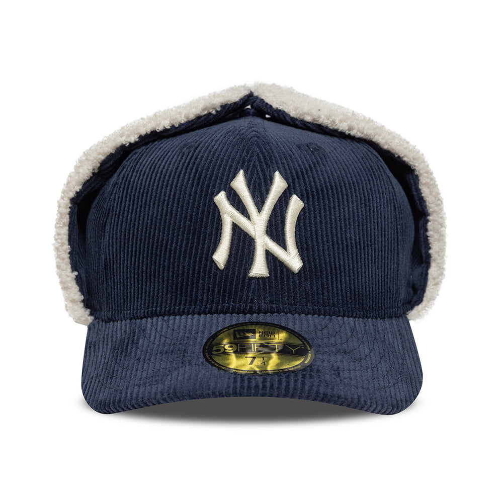New Era 59FIFTY New York Yankees Baseball Cap with Earflaps - MLB Cord Dogear - Navy Blue