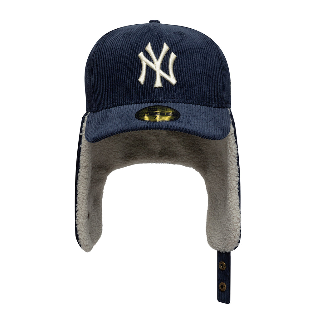 New Era 59FIFTY New York Yankees Baseball Cap with Earflaps - MLB Cord Dogear - Navy Blue