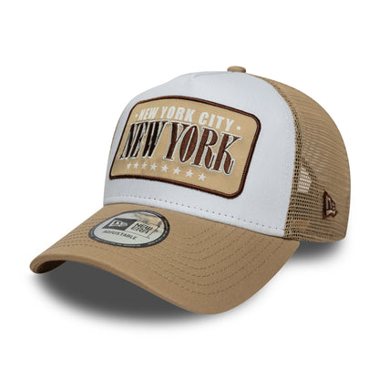 New Era New York City A-Frame Trucker Cap - Location Patch - White-Camel