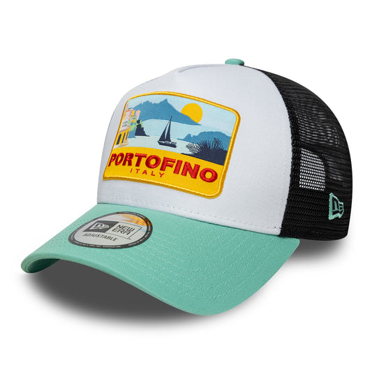 New Era Portofino A-Frame Trucker Cap - Location Patch - Aqua-Black