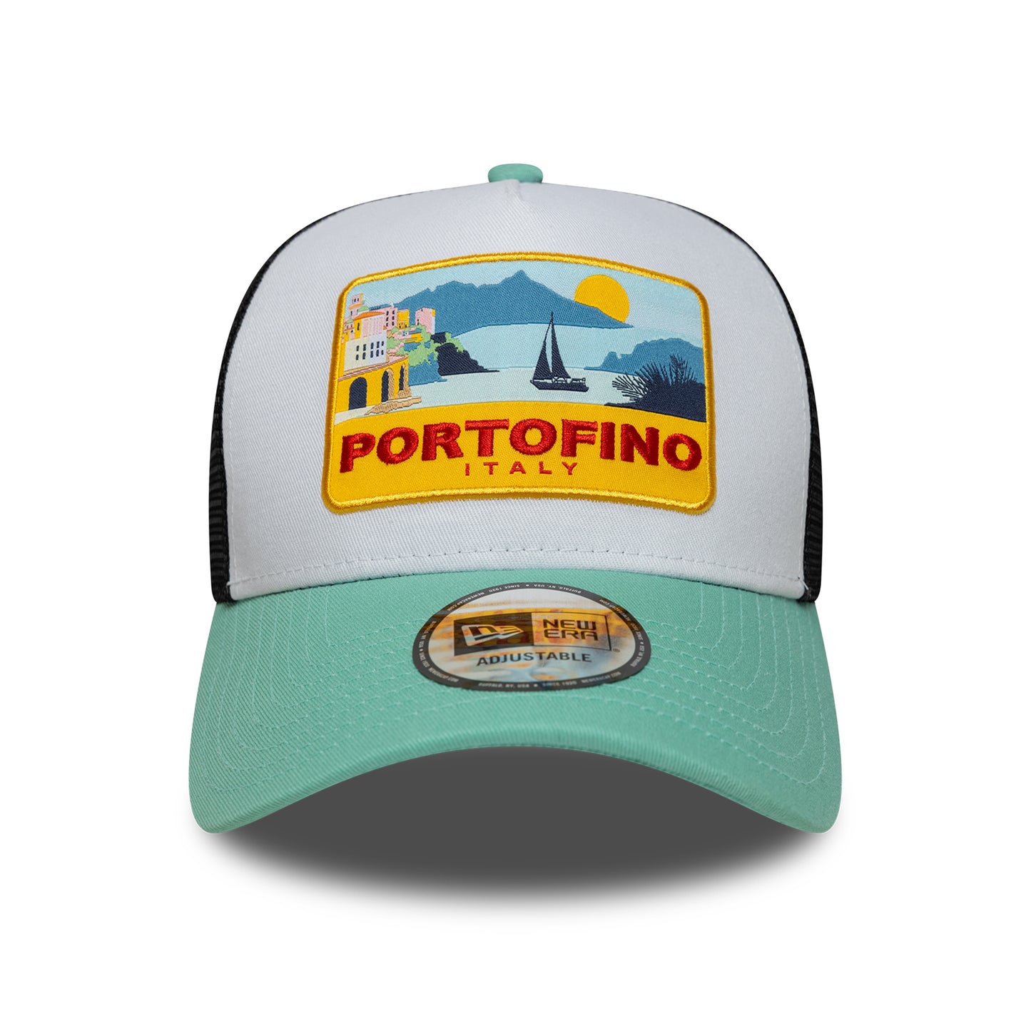 New Era Portofino A-Frame Trucker Cap - Location Patch - Aqua-Black