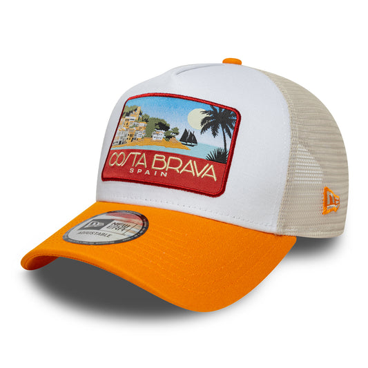 New Era Costa Brava A-Frame Trucker Cap - Location Patch - Orange-Stone