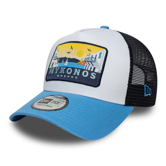 New Era Mykonos A-Frame Trucker Cap - Location Patch - Sky Blue-Navy